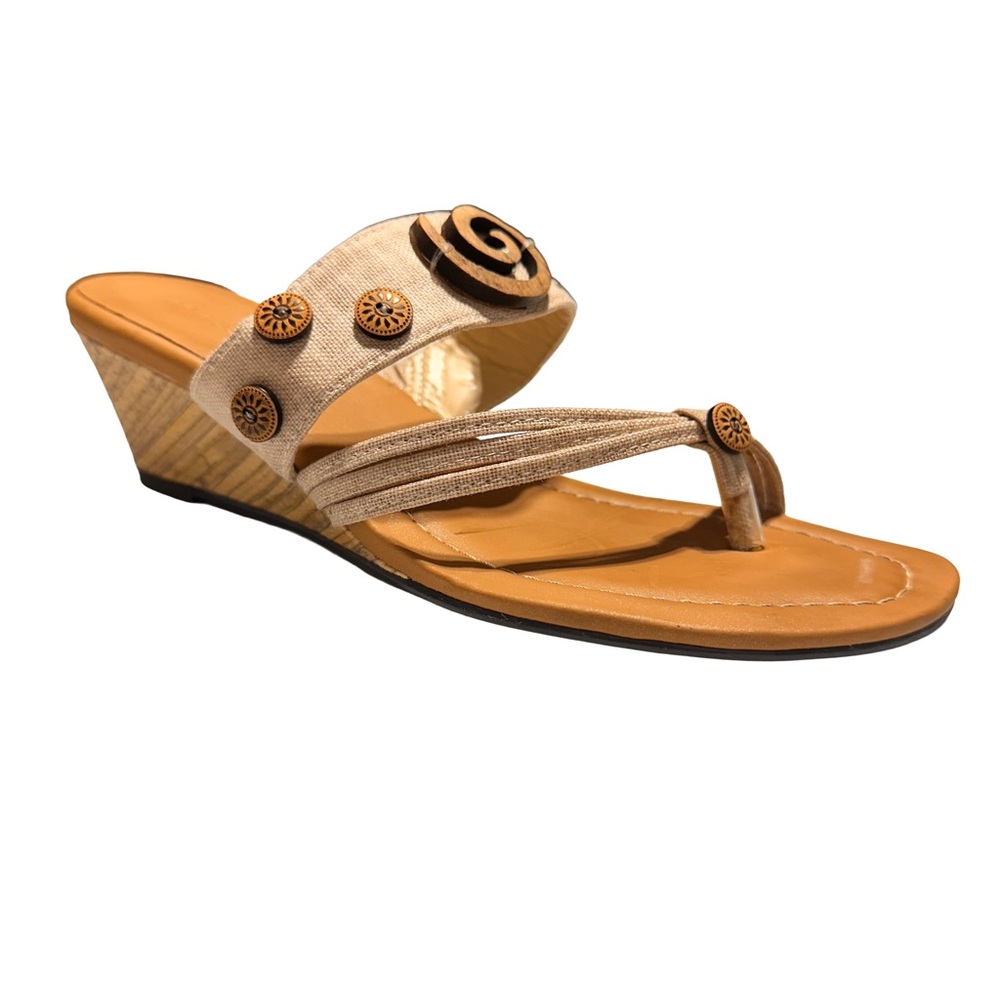Ann Marino Linen Wood Wedge Thong Sandals Boho Resort 7.5M